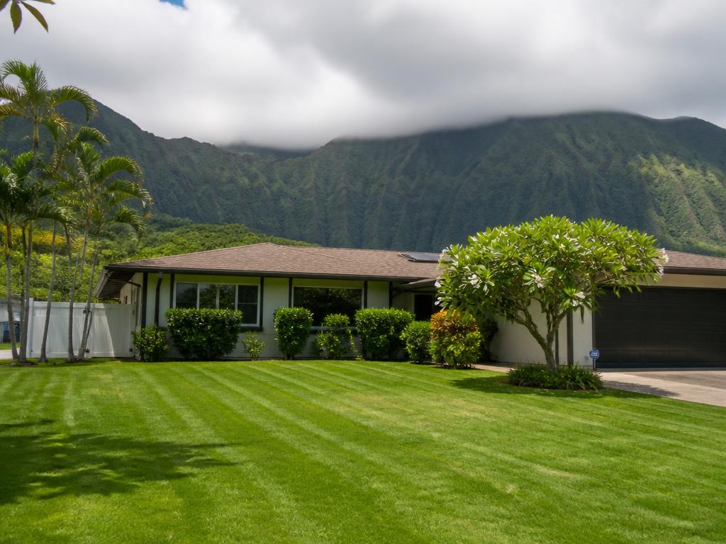 Freshly mowed lawn in front of a home