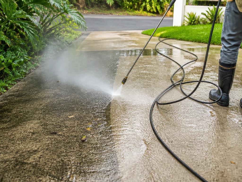 Pressure washer cleaning a concrete driveway